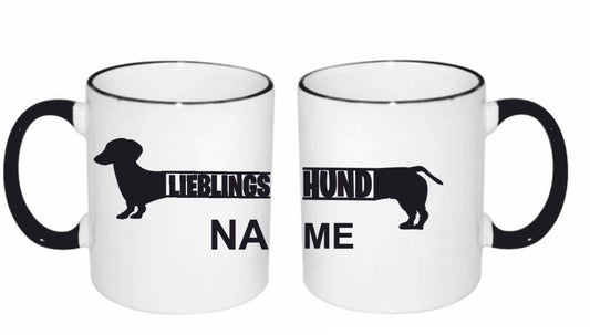 Lieblingshund Dackel Tasse mit personalisierbarem Aufdruck – Weiß, Innen und Henkel Schwarz, 330 ml, Keramik